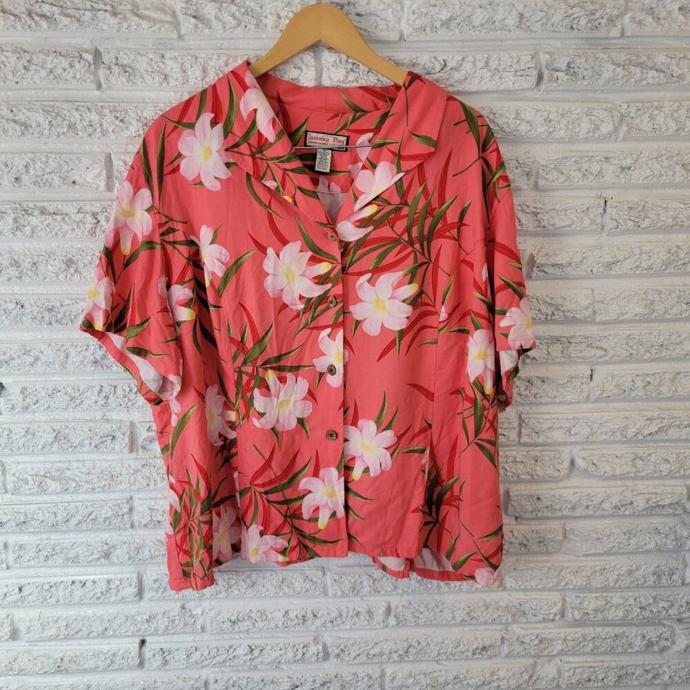 Jamaica Bay Womens Top 3X Plus Short Sleeve Button Up Pink Green FLO171E